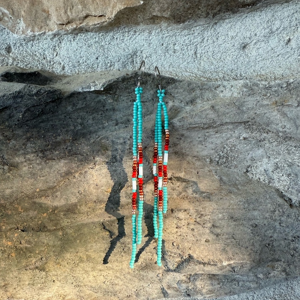 Turquoise and Red Beaded Earrings